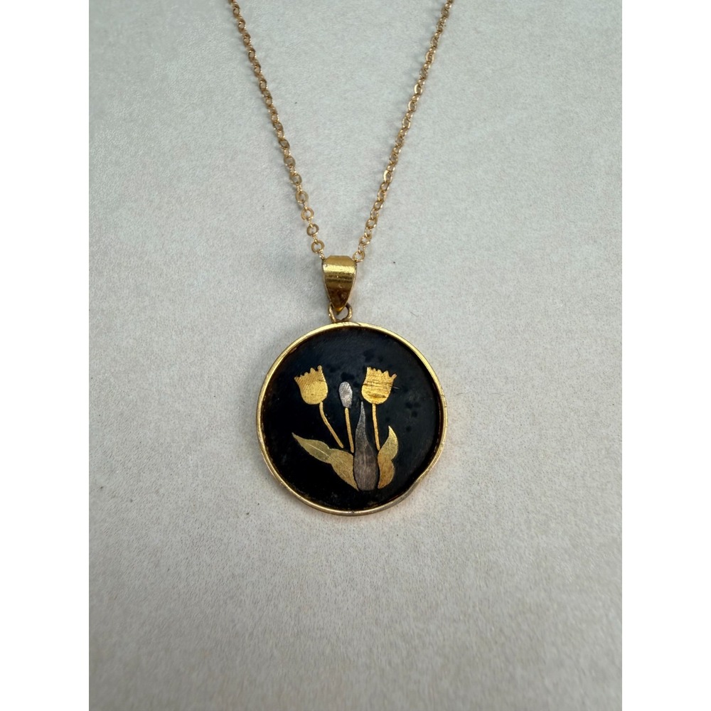 Vintage Japanese Amita Damascene Gold Tone Floral Pendant Necklace 17in